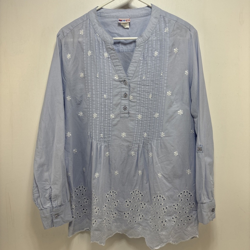 American Sweetheart Womens Cotton Pintuck Tunic‎ Floral Embroidered Size L Boho